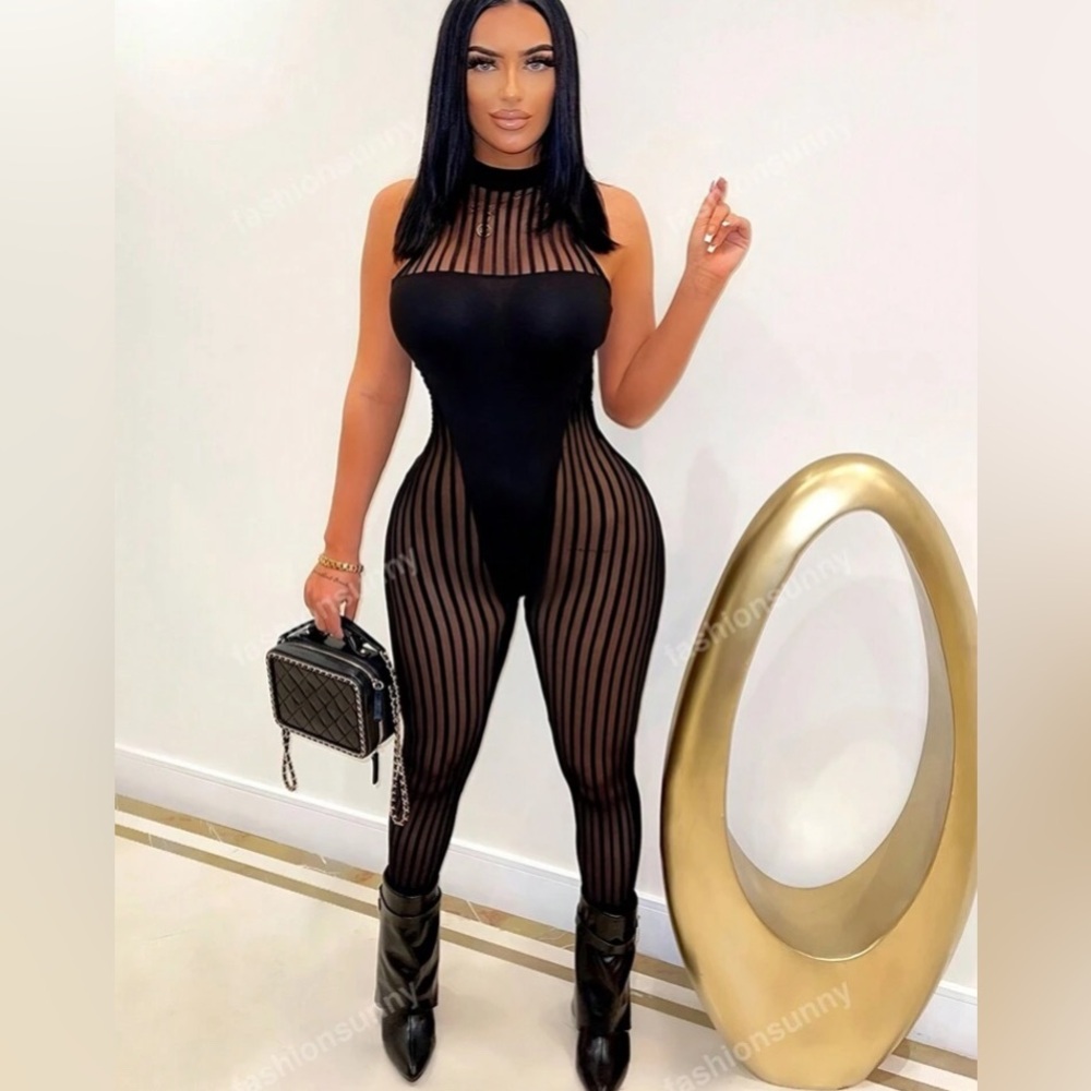 SHEIN Sheer Mesh Sleeveless Tight Unitard With Round Neckline